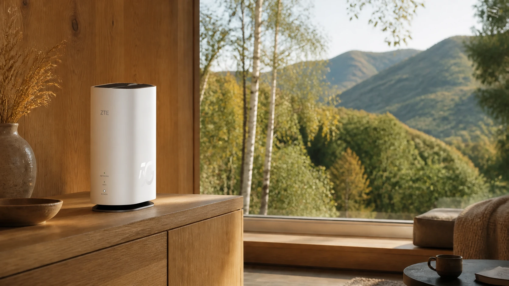 ZTE 5G-router i ett ljust skandinaviskt fjällhem under sensommaren
