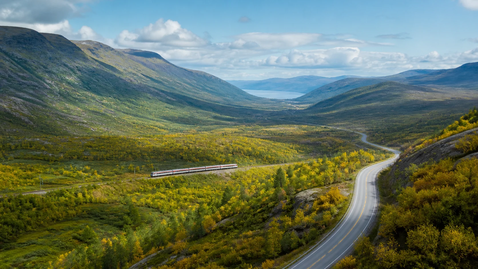 Väg och tåg genom en grön nordisk bergsdal i tidig höst