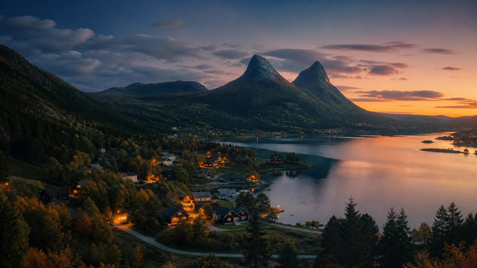 Nordisk fjällby mellan två bergstoppar i sensommarens skymningsljus