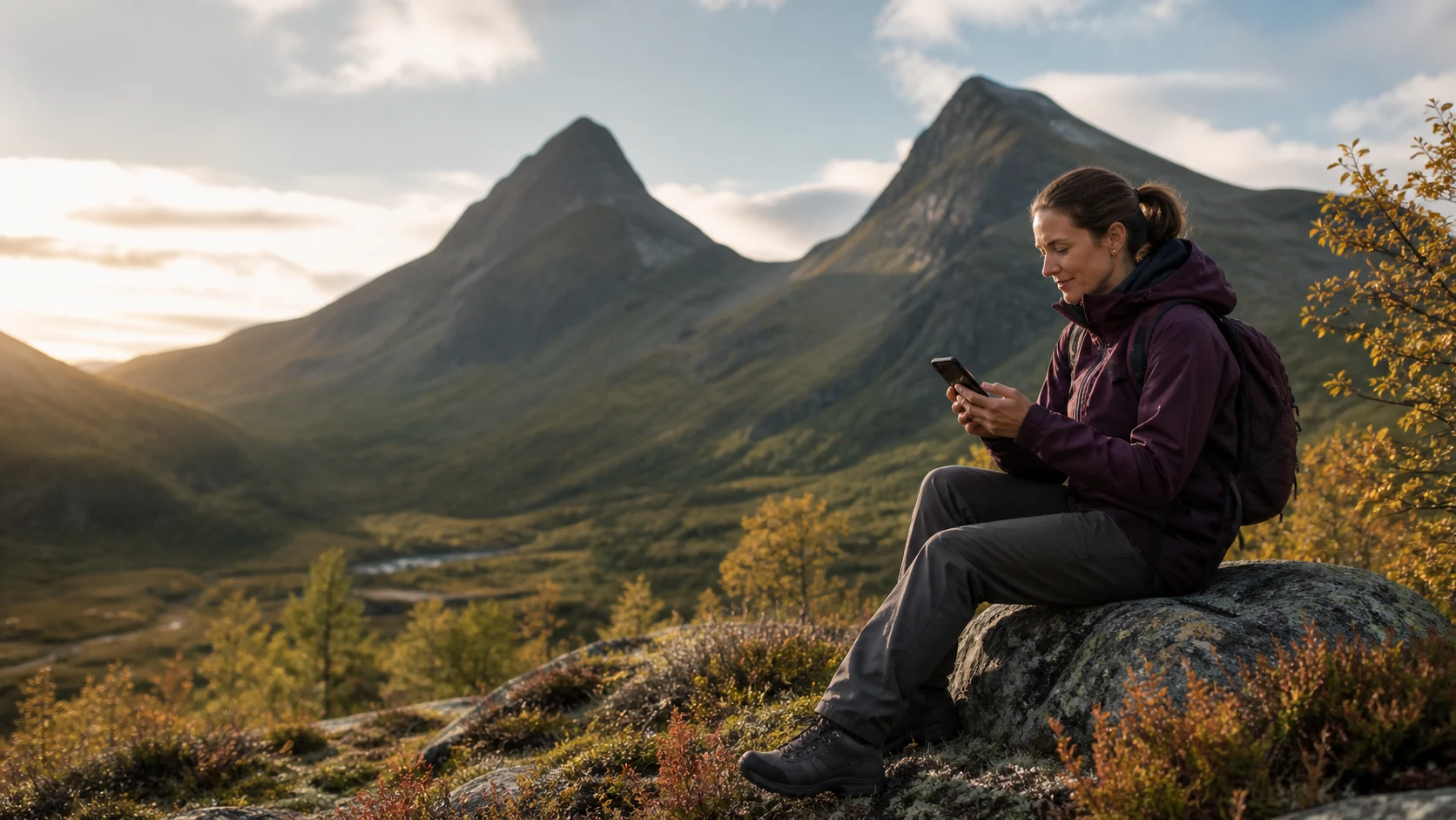 Vandrare använder mobilen i ett grönt nordiskt fjällandskap i sensommarljus